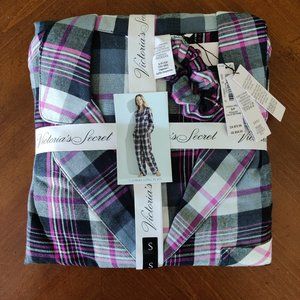Victoria's Secret Flannel Long PJ Set Black/Pink Plaid Size Small